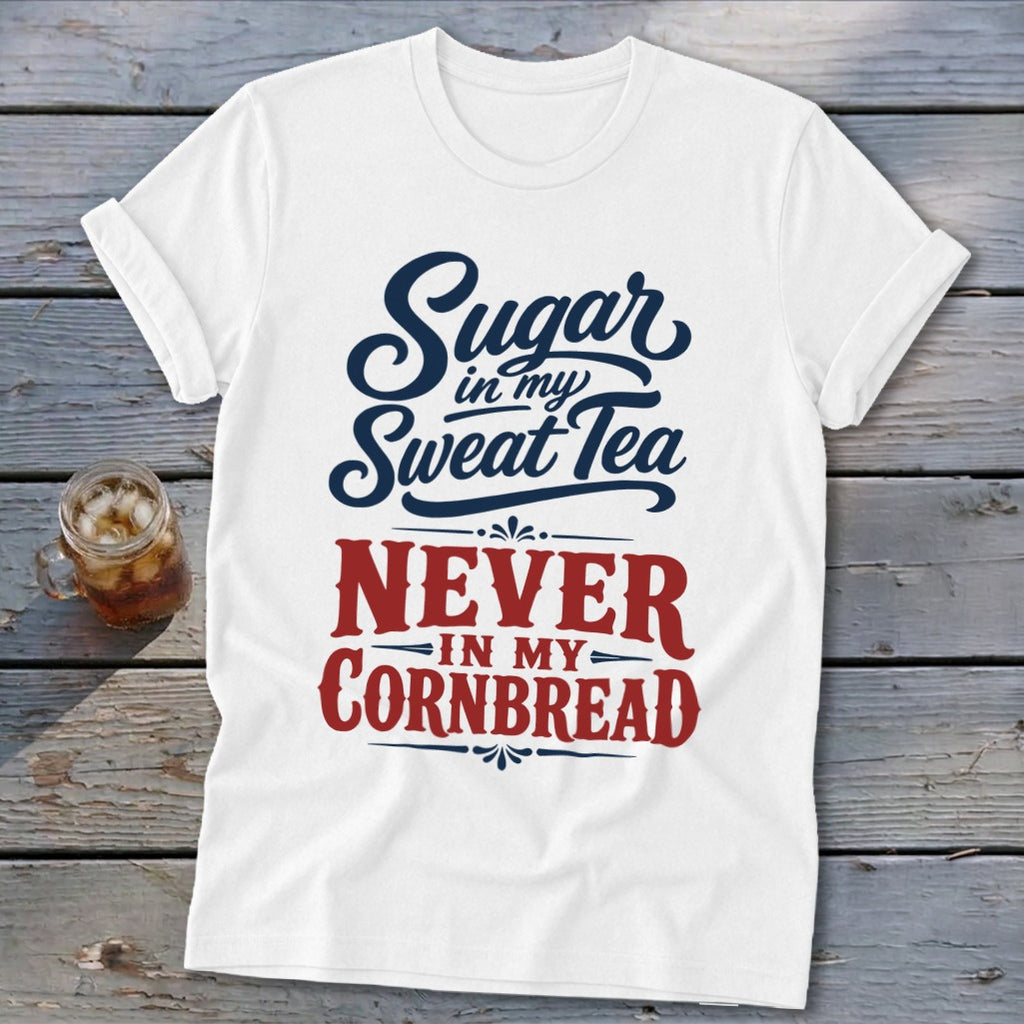 A white t-shirt featuring blue and red text that reads Sugar in my sweet tea never in my cornbread.
