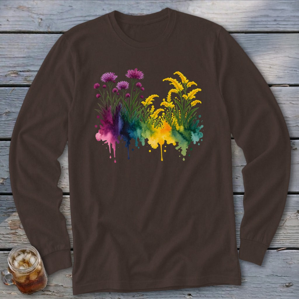 Brown long-sleeved shirt with colorful floral watercolor splash design.