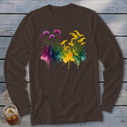 Brown long-sleeved shirt with colorful floral watercolor splash design.