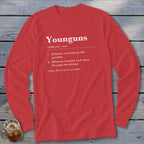 Red long-sleeve shirt with "Younguns" dictionary definition printed in white.