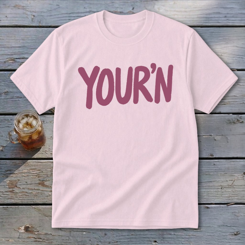 Light pink t-shirt with "YOUR'N" text and a glass of iced tea.