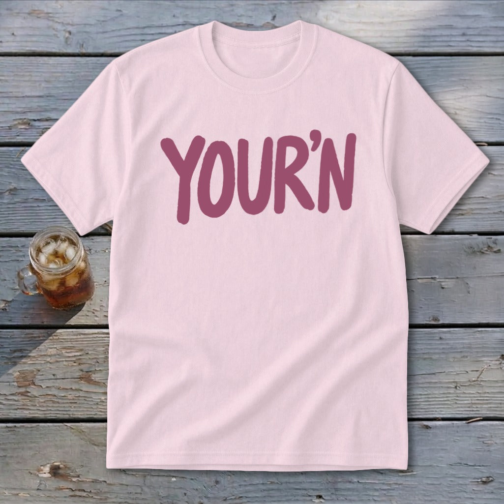 Light pink t-shirt with "YOUR'N" text and a glass of iced tea.