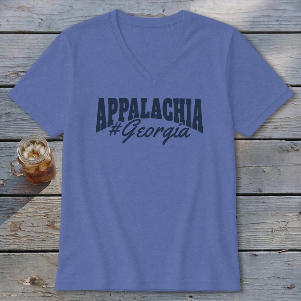 Purple v-neck t-shirt with "APPALACHIA #Georgia" text.