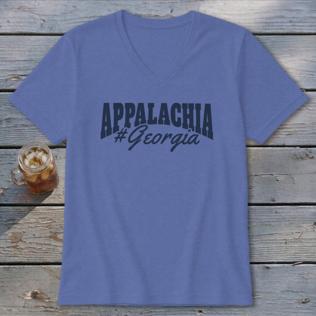 Purple v-neck t-shirt with "APPALACHIA #Georgia" text.