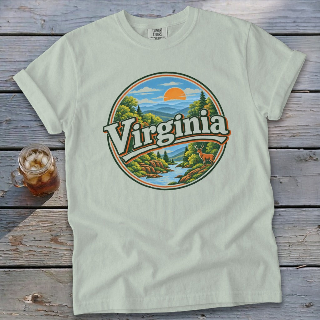 Light green t-shirt with a circular vintage Virginia landscape graphic.