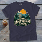 Navy t-shirt with "Ridge Walking Society" graphic and hiker on a mountain.