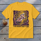 Yellow t-shirt with ghost in a dark forest graphic and text "The Haints Ain't Left".