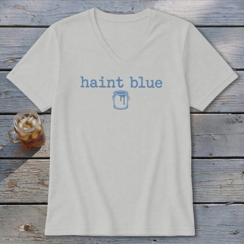 Light gray v-neck t-shirt with blue text "haint blue" and paint can graphic.