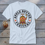 White t-shirt with "Apple Butter Festival" circular logo featuring a teapot over a campfire.