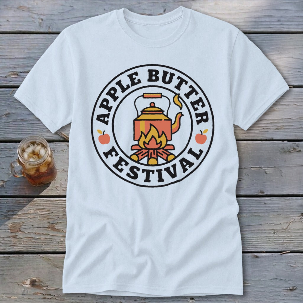 White t-shirt with "Apple Butter Festival" circular logo featuring a teapot over a campfire.
