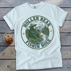White t-shirt with "Holler Bear Fishin Hole" graphic of a bear fishing.