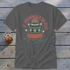 Dark gray t-shirt featuring a green and red knit winter hat graphic with the text A toboggan is for my noggan.