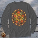 Long sleeve shirt with a central mandala design of autumn leaves and acorns.