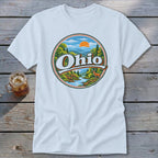 White t-shirt with circular Ohio graphic featuring a deer and scenic landscape.