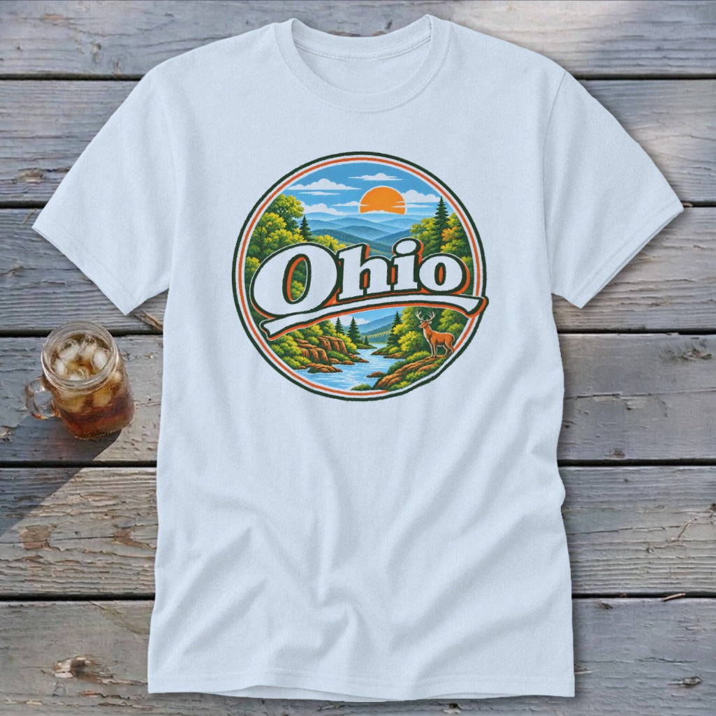 White t-shirt with circular Ohio graphic featuring a deer and scenic landscape.