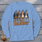 Four hounds howl above the word "holler" on a light blue long-sleeve shirt.