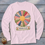 Pink long-sleeve shirt with a quilted Dresden Plate flower design and "Dresden Plate" text.