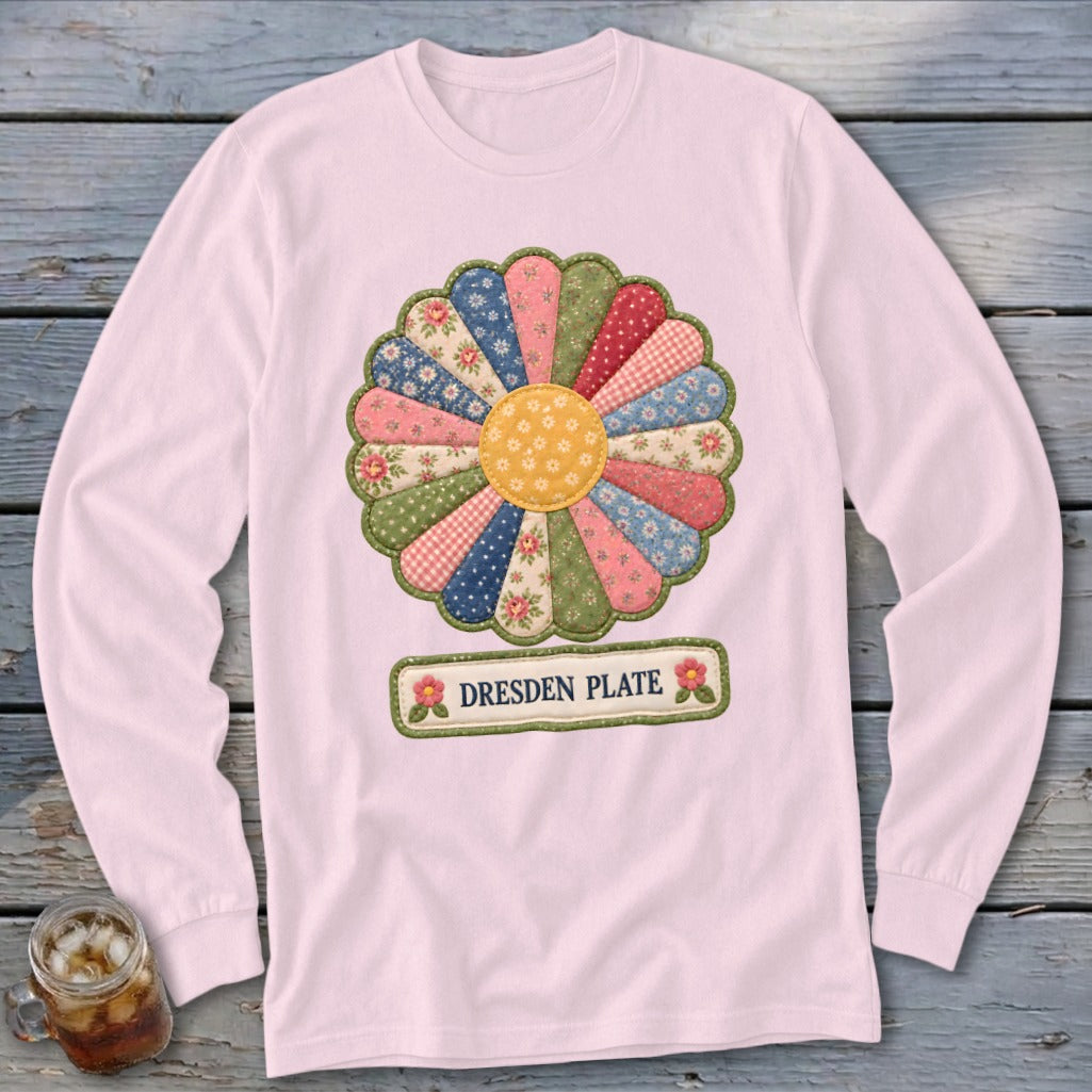 Pink long-sleeve shirt with a quilted Dresden Plate flower design and "Dresden Plate" text.