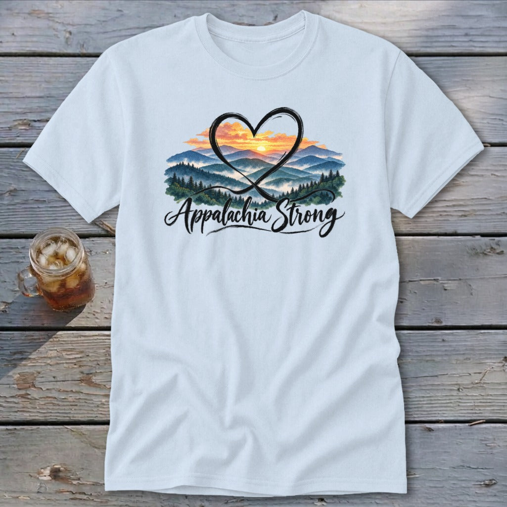 Light blue t-shirt with a heart over mountains and "Appalachia Strong" text.