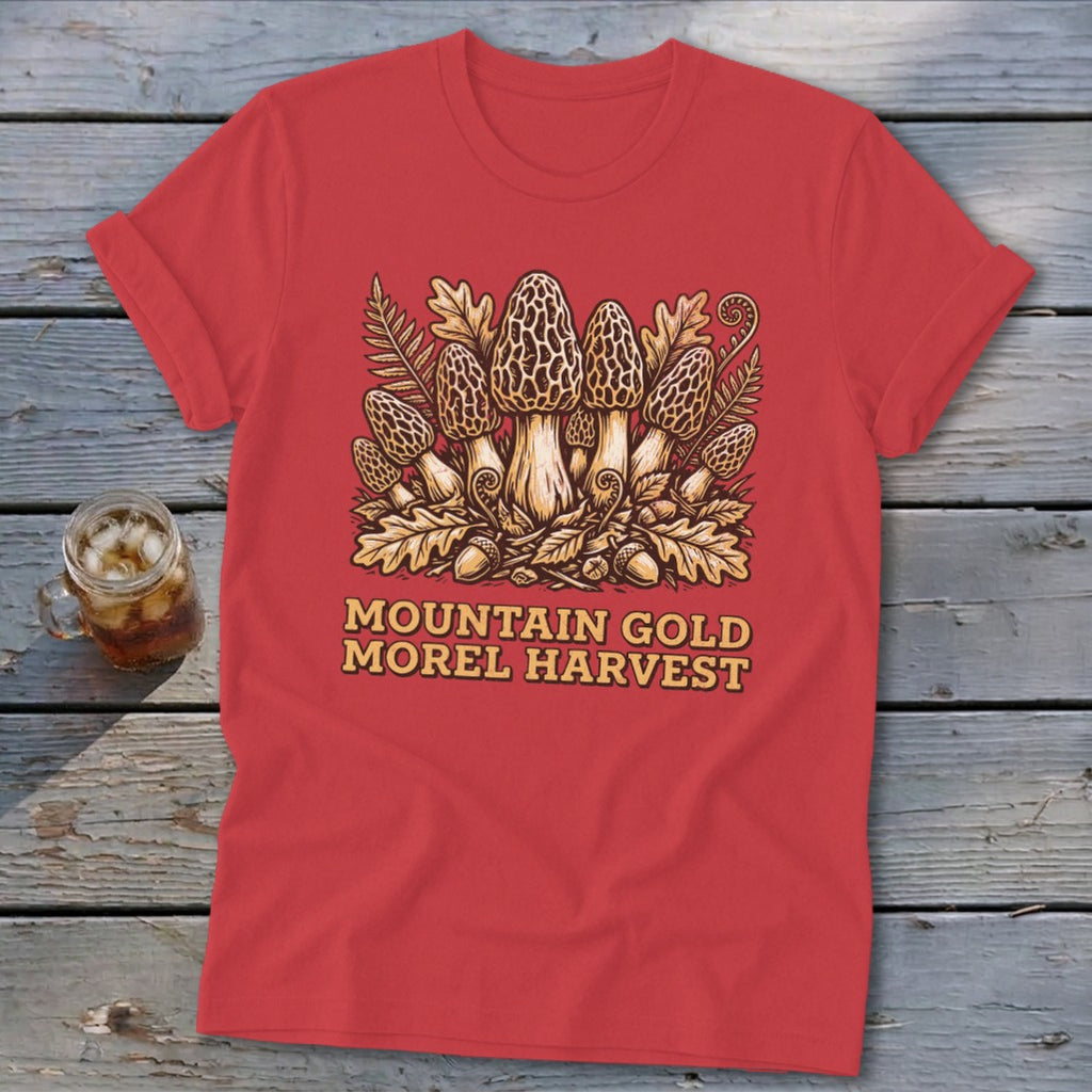 Red t-shirt with a central graphic of morel mushrooms, leaves, and acorns with text.