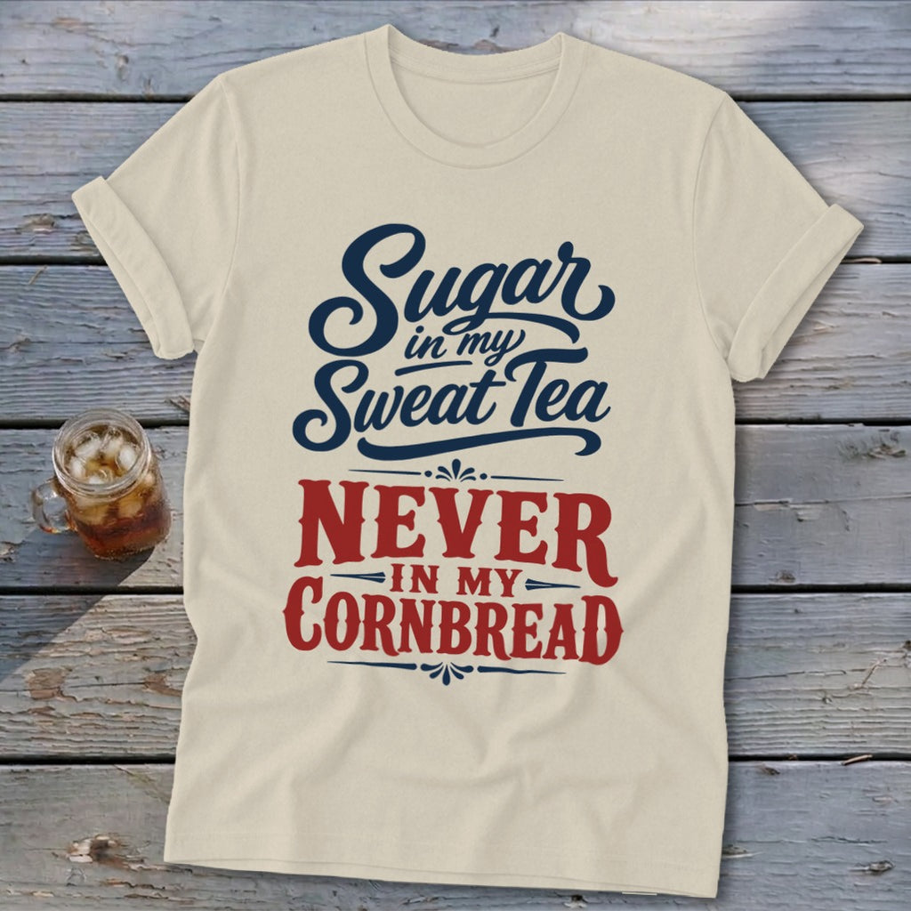 Cream t-shirt with blue and red text reading Sugar in my Sweet Tea Never in my Cornbread.