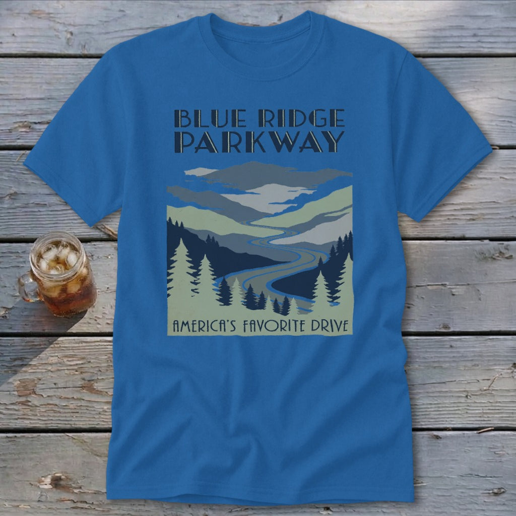 A royal blue t-shirt printed with a landscape graphic of Blue Ridge Parkway and the text America's Favorite Drive.