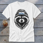 White t-shirt with a sketch of a raccoon wearing a beanie with a mountain patch.