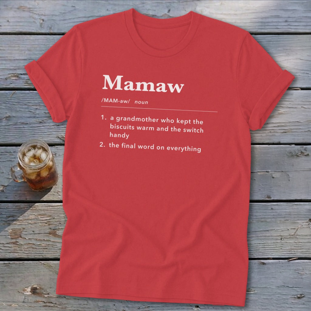 Red t-shirt with definition of "Mamaw" in white text.