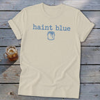 Cream t-shirt with blue text "haint blue" and paint can graphic.