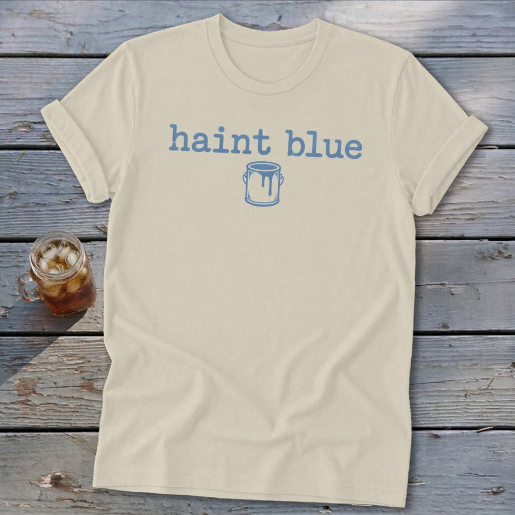 Cream t-shirt with blue text "haint blue" and paint can graphic.