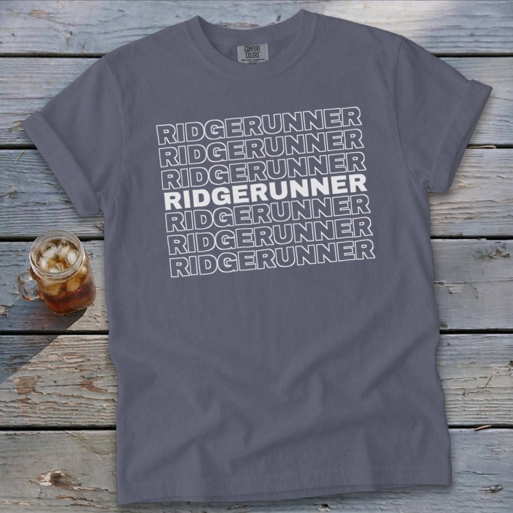 Gray t-shirt with "RIDGERUNNER" repeated in white text.