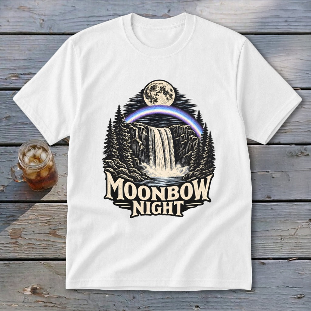 White t-shirt with "Moonbow Night" text and a waterfall scene under a full moon.