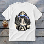 White t-shirt with "Moonbow Night" text and a waterfall scene under a full moon.