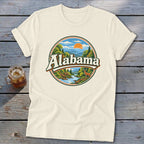 Cream t-shirt with circular "Alabama" graphic featuring a scenic mountain landscape and deer.