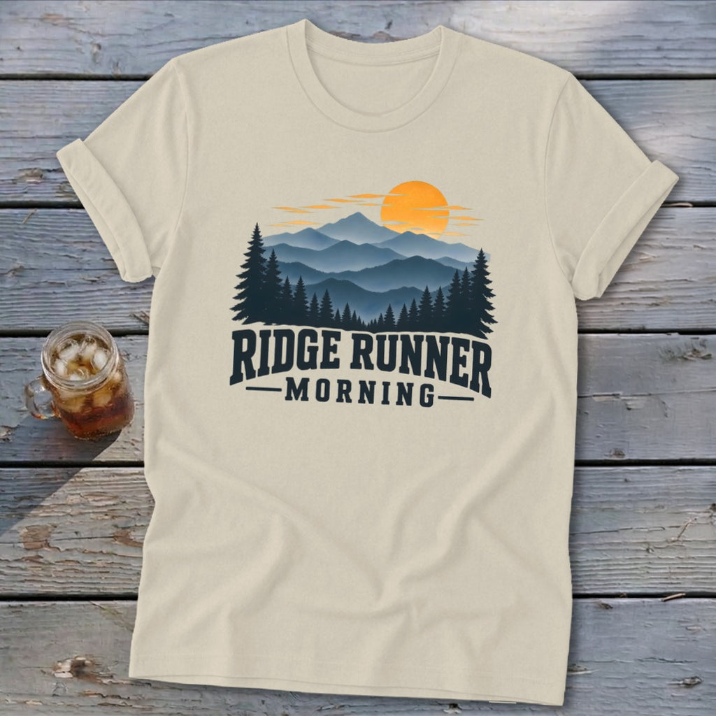 Cream t-shirt with mountain sunset graphic and text "Ridge Runner Morning".