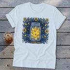 Light blue t-shirt with a "Lightning Bugs" graphic of fireflies in a jar.