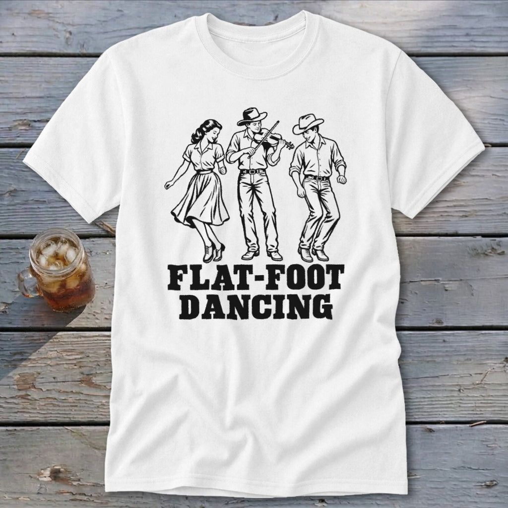 White t-shirt with black graphic of three people flat-foot dancing, text reads "FLAT-FOOT DANCING".