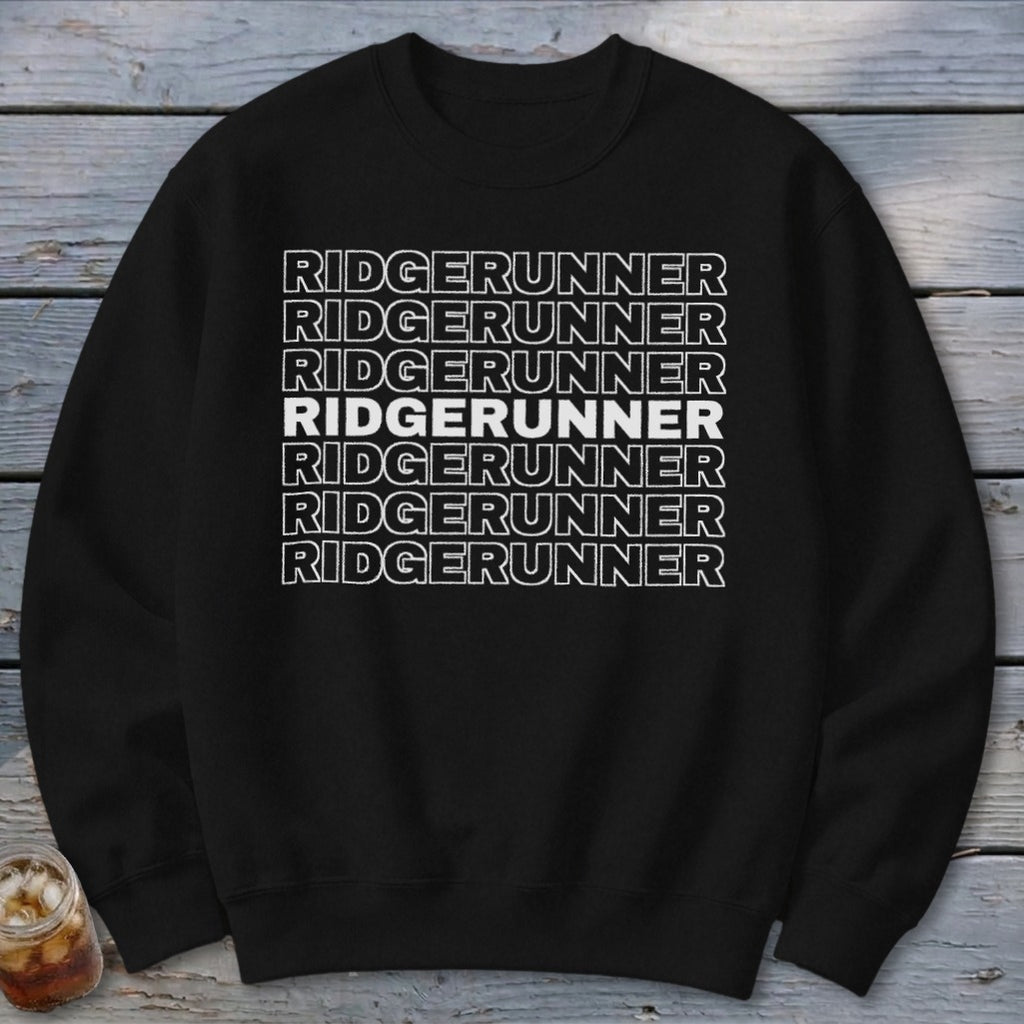 Black sweatshirt with white "RIDGERUNNER" text repeated in stacked lines.