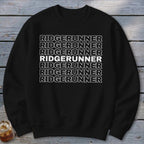 Black sweatshirt with white "RIDGERUNNER" text repeated in stacked lines.