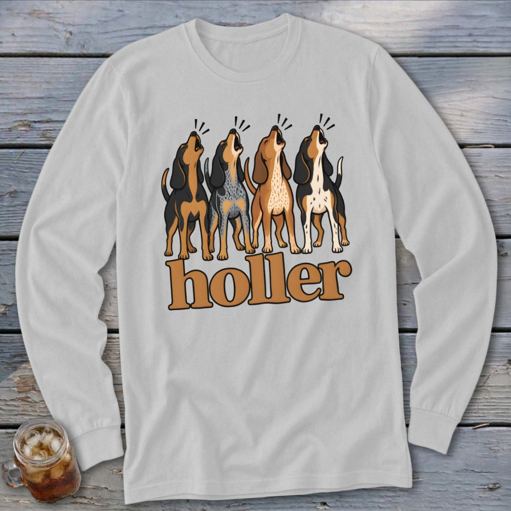 Four howling cartoon dogs with the word "holler" below them.