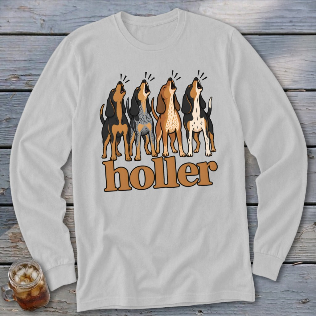 Four howling cartoon dogs with the word "holler" below them.