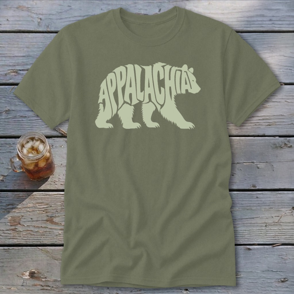 An olive green crewneck t-shirt featuring a light green bear graphic with the word Appalachia inside.