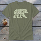 An olive green crewneck t-shirt featuring a light green bear graphic with the word Appalachia inside.