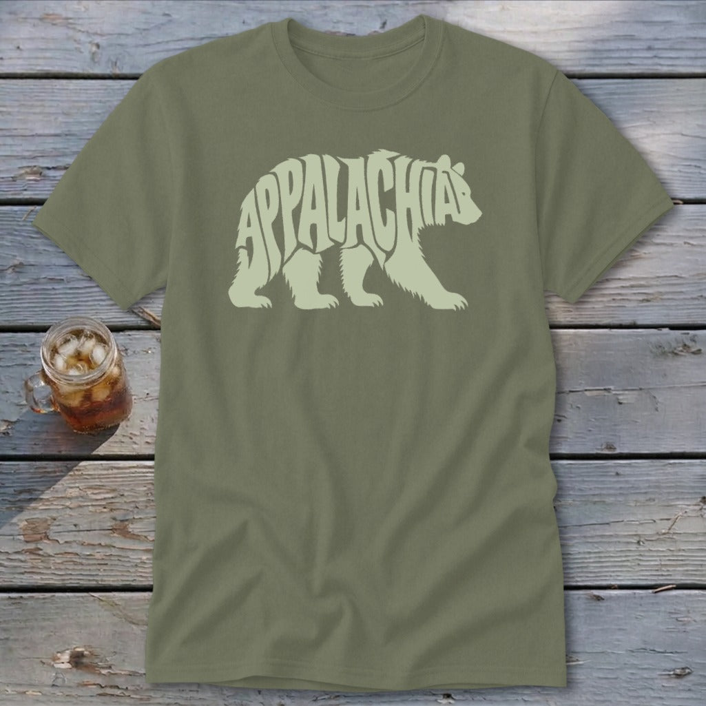 An olive green crewneck t-shirt featuring a light green bear graphic with the word Appalachia inside.