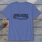 Purple v-neck t-shirt with "APPALACHIA #Pennsylvania" in dark text.