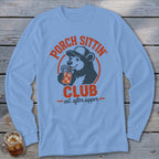 Light blue long-sleeve shirt with a bear drinking a beverage and text "Porch Sittin' Club".