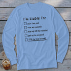 Light blue long-sleeve shirt with checklist: stir the pot, run my mouth, stay up.