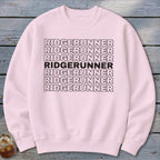 Pink sweatshirt with "RIDGERUNNER" repeated in bold black text.