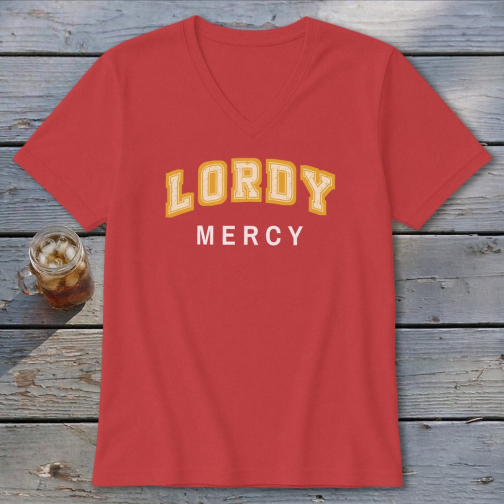 Red v-neck t-shirt with yellow and white "LORDY MERCY" text.
