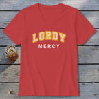 Red v-neck t-shirt with yellow and white "LORDY MERCY" text.
